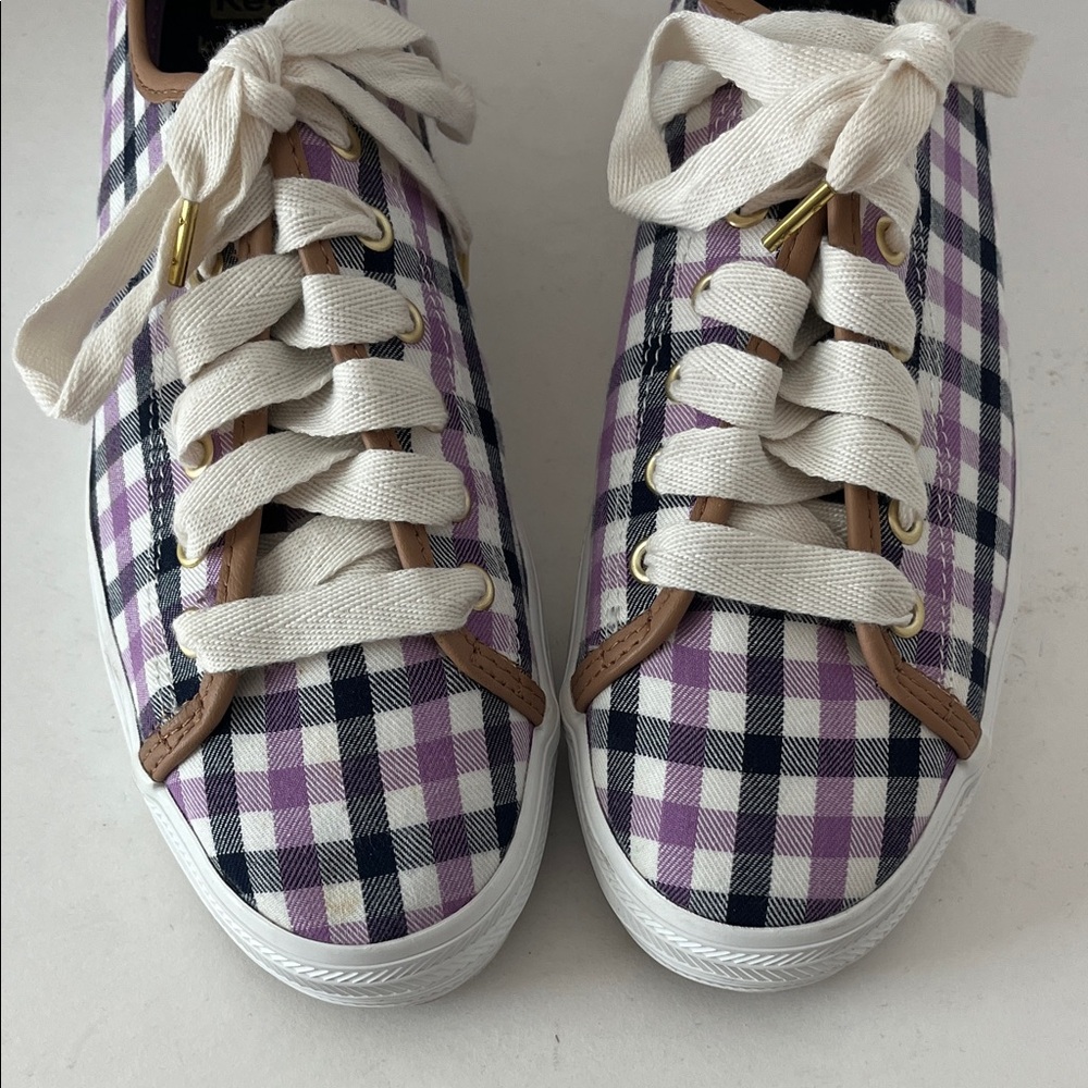 Keds Kate Spade Purple Black Plaid Gingham Print Tie Sneakers Platform Preppy 8 - Picture 5 of 15